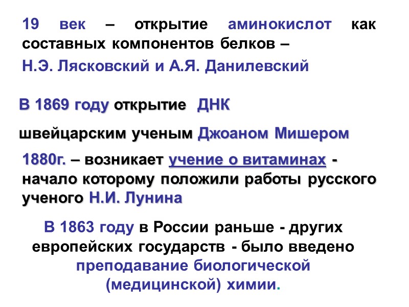 1880г. – возникает учение о витаминах - начало которому положили работы русского ученого Н.И.